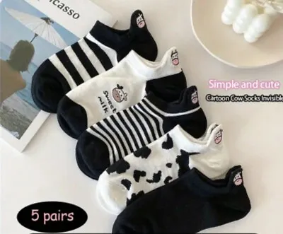 5 Pairs Of Womens Cow Print Trainer Socks - One Size • £2.95