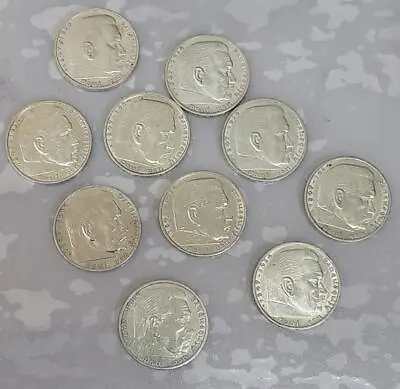 5 Mark 1936-1939 GERMANY 3rd Reich Ag 10 Coin Lot VF/Xf • $209.95
