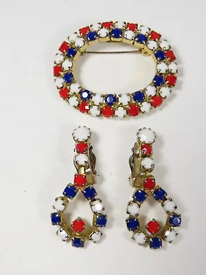 1950s Vintage Patriotic Brooch Earrings Set Rhinestones Red White Blue C4499 • $13.55