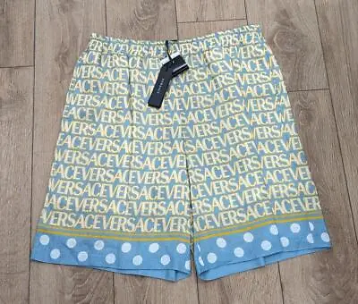 $850 Mens VERSACE Printed Logo Linen Shorts Light Blue/Yellow 50 US 34 • $308.31