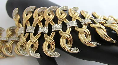 Vintage Crown Trifari Huge Wide Link Gold Tone Bracelet Twists Rhinestones WOW!! • $281.99
