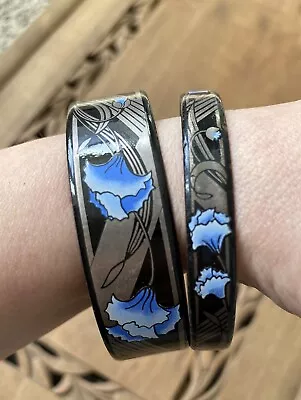 Vintage 1980s Michaela Frey Team Blue Black Floral Enamel Bangles Bracelets • £30