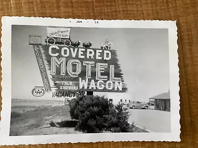 Vintage Covered Wagon Motel Neon Sign Photo 1950s Rocky Mountain AAA  Snapshot  • $4.99