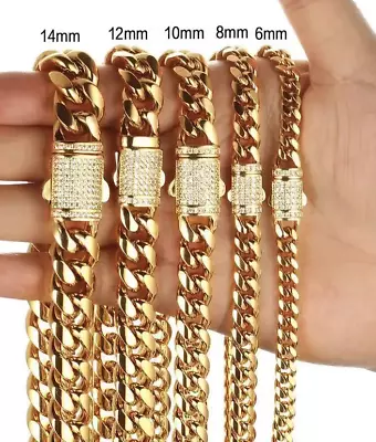 14k Gold Plated Stainless Steel Miami Cuban Link Bracelet Chain With CZ Clasp • $16.90