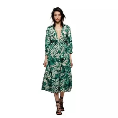 Zara Midi Summer Green Faux Wrap Sz XL Floral Button Down Long Sleeve Dress • $38