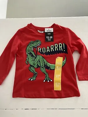 Baby Boys Roar Dinosaur T-shirt Long Sleeve. Age 12-18 Months. Red. Brand New • £3.19