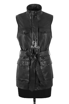 Womens Leather Waistcoat Trench Gilet Black Long Classic Style Waist Belted Vest • £89.99