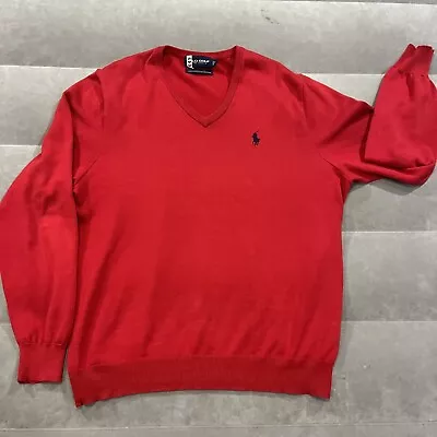 Polo Ralph Lauren Men L V-neck Sweater Red Knit 100% Cotton EUC • $18.87