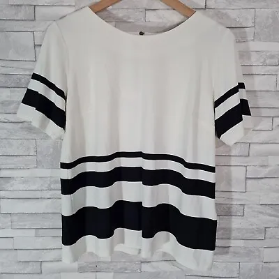 M&S Jersey Top Size 12-UK Ivory Black Colourblock Zip Back Short Sleeved Stretch • £9.50