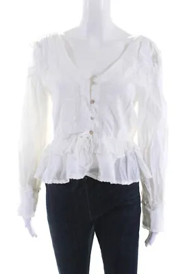 Maurie & Eve Womens Cotton Long Sleeve Ruffled Hem Button Up Top White Size 12 • $42.69