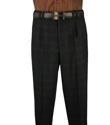 Men's Wide Leg Pants One Pleated 100% Wool Color Charcoal Plaid Art.666113 • $69