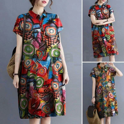 $26.11 • Buy ZANZEA Womens Short Sleeve V Neck Floral Solid Knee Length Maxi Shift Dress Plus