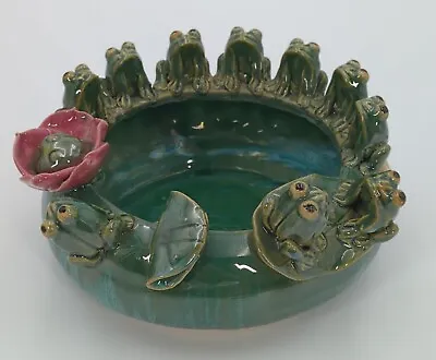 Vintage Majolica Green Planter Bowl Vase 10 Frogs Lilypad Lily Pad Lotus Flower • $48.99