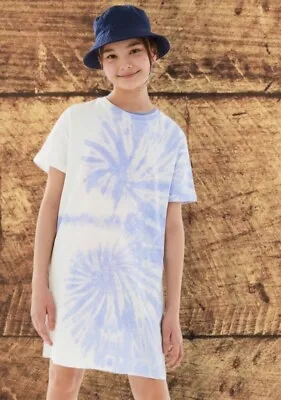 T-Shirt Dress Tie Dye M&S Short Sleeve 100% Cotton Blue White Age 7 To 14 Girls • £7.99