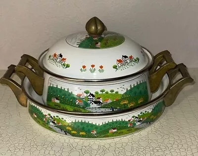 Vintage Newcor Regency Country Village Cookware 2 Pots 1 Lid Enamel/Brass • $30