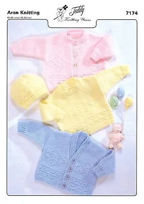 7174 Aran Knitting Pattern For Baby Sweater Cardigans & Hat • £3.50