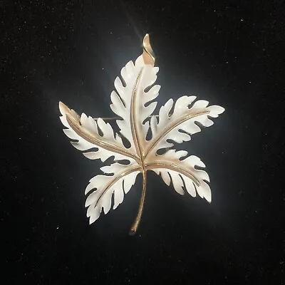 CROWN TRIFARI Maple Leaf Brooch Pin Gold Tone & White Enamel Vintage • $18