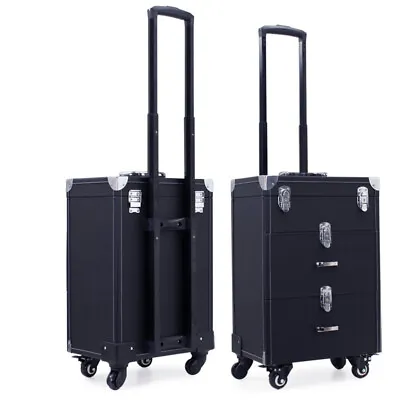 Cosmetic Case Makeup Train Case Trolley Professional Makeup Case On Wheels Black • £59.95