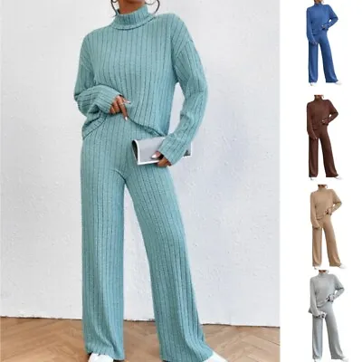 Womens Casual Lounge Wear Tracksuit Ladies Knitted Loose Tops Pants Co-ord Set • £18.59