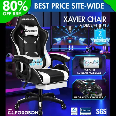 ELFORDSON Gaming Office Chair Racing Massage Desk Seat Footrest Leather White • £79.99