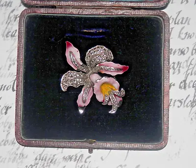 £4.99 • Buy Vintage Silver Tone Marcasite Lilac Enamel Orchid Flower Brooch