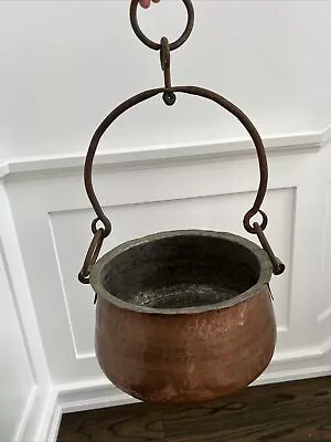 Vintage Antique Heavy Hammered Copper Pot Bucket Cauldron Swing Handle & Hanger • $24.99