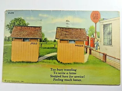 1943 Vintage Postcard Curt Teich Co Two Out Houses Service Station Comic A5343 • $2.16