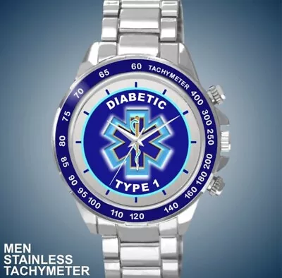 Diabetic Type 1 Blue Star Of Life Cross Medical Alert ID Man’s Tachymeter Watch • $48.98