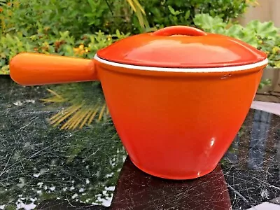 Le Creuset Fondue Pan & Lid  Cast Iron Pan French Vintage Orange & Red Milk Pan • £24.99