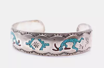 Vintage Sterling Silver Navajo Crushed Turquoise Coral Inlay Cuff Bracelet • $189