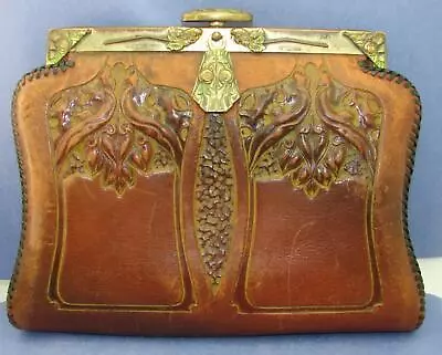 Antique Vintage Distressed Tooled Brown Leather Turn Fob Clutch Handbag • $49.99