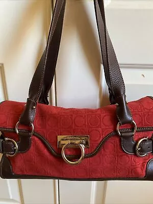 Vintage Salvatore Ferragamo Canvas Leather Handbag Red & Brown Gancini Italy • $189