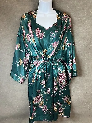 Vtg Silky Nightgown Robe Set Peignoir L Green Floral Sleeveless Chemise • $39.99