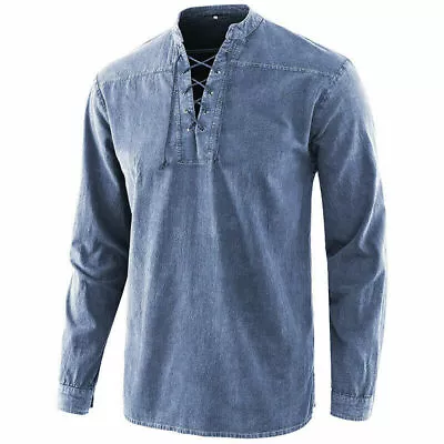 Vintage Mens Lace Up Medieval Tunic Tops Shirt Viking Jumper Costume Blouse Size • $29.99