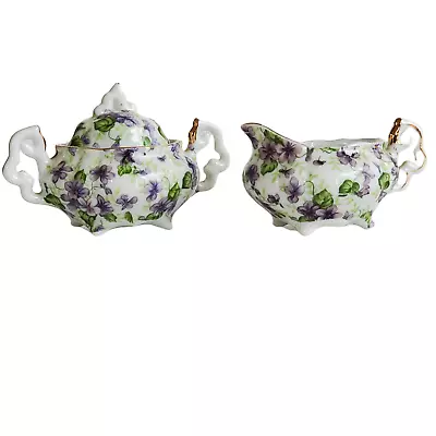 LEFTON Chintz Miniature Creamer Lidded Sugar Bowl Floral Violet Porcelain NE794V • $45.34