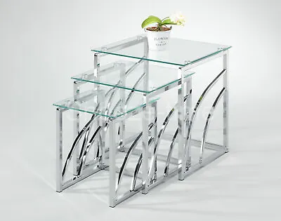 £140 • Buy Glass Nest Of Tables Modern Mira Tempered Glass Clear Or Black Side Lamp Tables