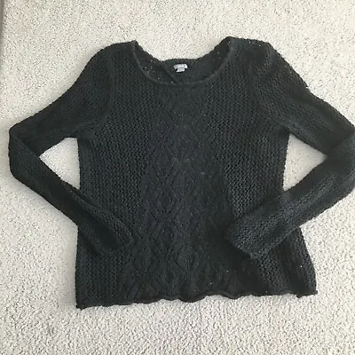 $7.95 • Buy AERIE Women's Top Size M Black Crocheted Long Sleeve Open Back Over Shirt Cute