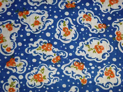 Vtg 50s Cotton Fabric Royal Blue With Tiny Orange Flowers 36  X 23  Feedsack?? • $9