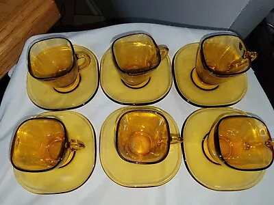 Vintage Vereco France Amber Glass Square Demitasse Espresso Cup & Saucer Set • $40