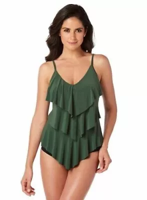 NEW Magicsuit Rita Tankini Top Swimwear Solid Ruffle Olive Green Size 8 NWT • $39