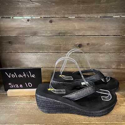 Womens Volatile Y2K Black Wedge Heeled Thong Sandals Flip Flops Size 10 M GUC • $24.99