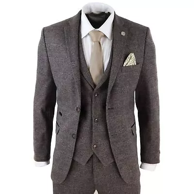 Mens Wool 3 Piece Check Suit Tweed Brown Tailored Fit Blinders Gatsby 1920s • $198.89