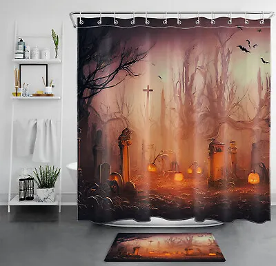Dead Tree Spooky Cemetery Bat Halloween Shower Curtain Bathroom Accessories Set • $37.40