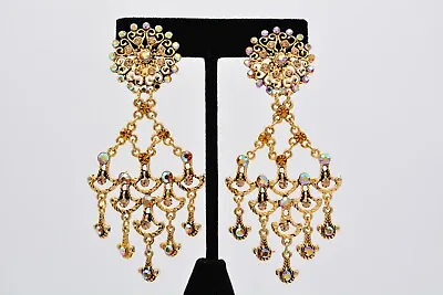 Vintage Crystal Clip Chandelier Earrings Rhinestone Citrine Antiqued Gold BinAE • $31.96