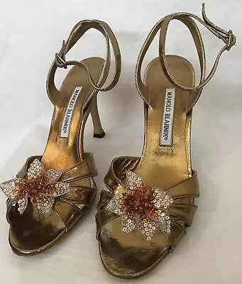 Manolo Blahnik Ankle Strap Rhinestone Flower High Sandal Gold Metallic Size 37 • $195