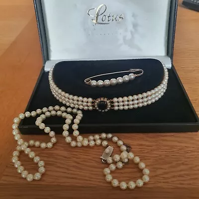 Vintage Lotus Royale Simulated Pearls Choker Necklace Sterling 925 Blue Gem Etc • £20