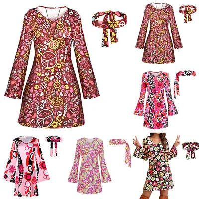 Women Back To The 70s 80s Hippie Vintage Costume Set Disco Outfit Headband Dress • £15.19