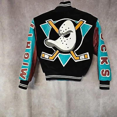 Rare Vintage NHL Anaheim MIGHTY DUCKS Leather Varsity Bomber Jacket Youth S • $99.99