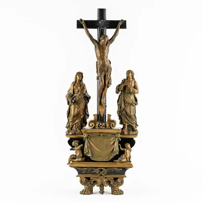 Antique XL 28  Ceramic Wood Calvary Crucifix Angels Veil Veronica Rare 19thc • $2415