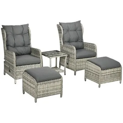 Outsunny Recliner Rattan Garden Furniture W/ Two-tier Table & Cushions Grey • £563.99